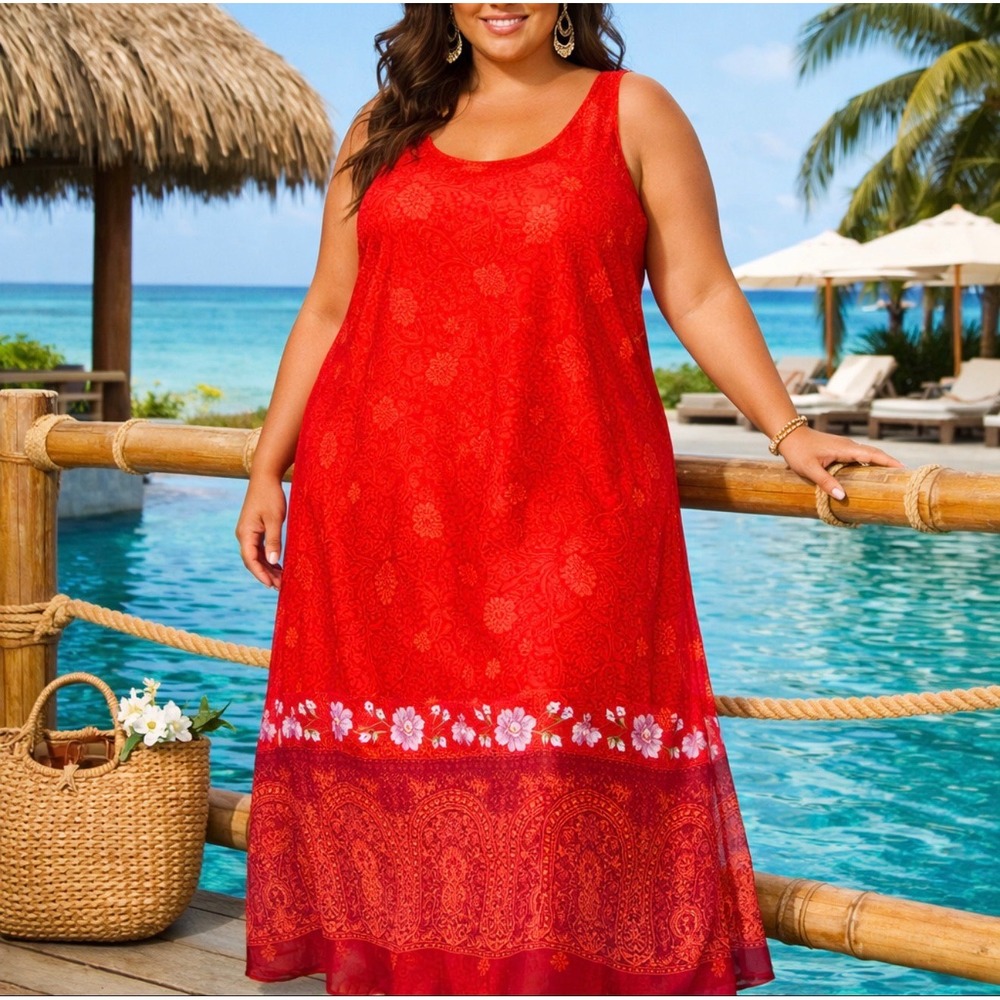 NWTs Red Maxi Dress Sz 16 Sleeveless Boho Paisley Lined Summer Resort Cruise